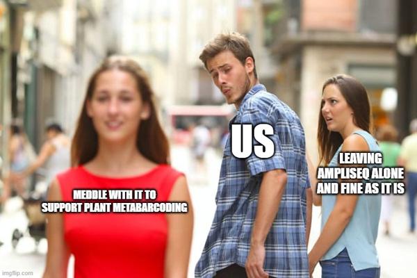 'Distracted boyfriend' meme, where the boyfriend in the middle is labeled 'us', they oblivious woman to the right is labeled 'leaving ampliseq alone and fine as it is'. The woman on the left, who the boyfriend is whistling after, is labeled 'meddle with it to suppoert metabarcoding'.